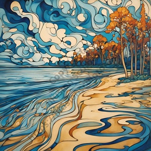 Land, sky and sea by Ramon Brooker, Indigenous Artist; Where the birch come to drink from the sea, the sky swirls with the summer heat