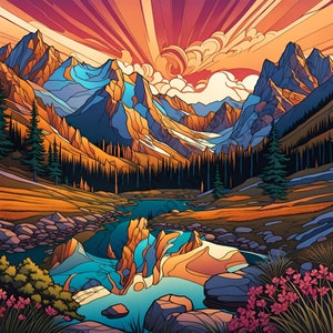Puede incluir: Una ilustración colorida de un paisaje montañoso con un río que fluye a través de él. Las montañas son una mezcla de azul, verde y marrón, y el río es de un azul brillante. El cielo es de un naranja y un rosa vibrantes.