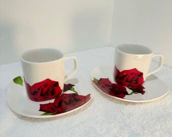 New with box Romantic anniversary 4oz Rose Tea cup coffee Cup & Saucer porcelain Set of 2