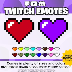 May include: A set of Twitch emotes featuring a pixelated heart in various colors and sizes. The emotes are available in 18x18, 28x28, 36x36, 56x56, 72x72, 112x112, and 500x500 pixel sizes. The text "TWITCH EMOTES" is displayed at the top of the image.