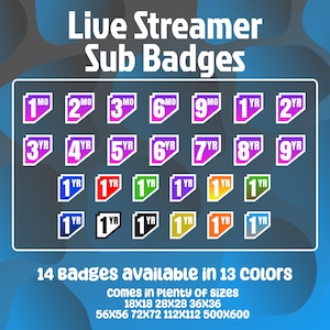 Può includere: Un set di 14 badge di abbonato Twitch colorati, che presentano diversi periodi di tempo, come 1 mese, 3 mesi, 6 mesi, 1 anno e 2 anni. I badge sono disponibili in 13 colori e sono disponibili in una varietà di dimensioni, tra cui 18x18, 28x28, 36x36, 56x56, 72x72, 112x112 e 500x600 pixel.