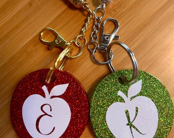 Personalized Glitter Apple Keychain, Initial Decal & Tassel