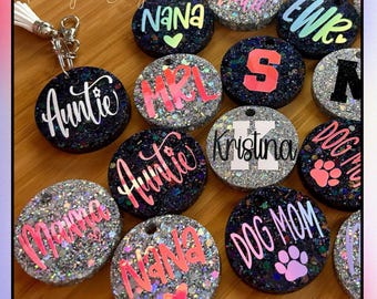 Personalized Glitter Resin Keychain: Monogram Vinyl Decal, Tassel Key Ring
