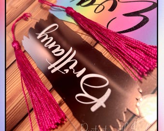 Personalized Acrylic Bookmark: Holographic Vinyl with Pink Tassel