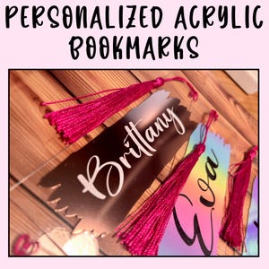 Personalized Acrylic Bookmark: Holographic Vinyl with Pink Tassel
