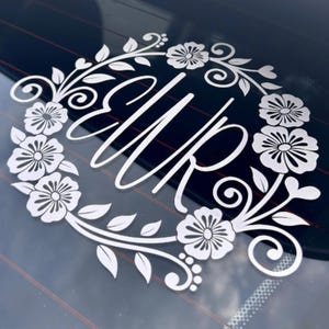 Floral Monogram Decal, Personalized Initials Vinyl Sticker for Car Windows & Laptops