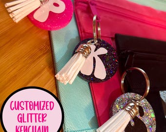 Custom Glitter Resin Keychain: Personalized Initial, Tassel Keyring