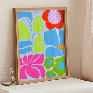 BUNTE ABSTRAKTE BLUMEN Druck, Retro Blumen digitaler Download, Fluro botanisches Design, eklektische moderne Wandkunst, Mitte des Jahrhunderts modern