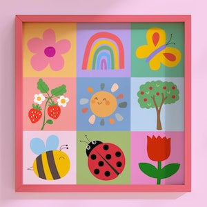 Peut inclure: Une œuvre d'art encadrée présentant neuf carrés colorés avec des illustrations sur le thème de la nature. Les images incluent une fleur, un arc-en-ciel, un papillon, des fraises, un soleil, un arbre, une abeille, une coccinelle et une tulipe. Le cadre est rose.