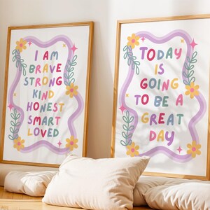 AFIRMACIONES DIARIAS Juego de 2, imprimibles de pensamiento positivo para niños, arte de pared para dormitorio infantil, carteles para el aula, recordatorios de mentalidad positiva