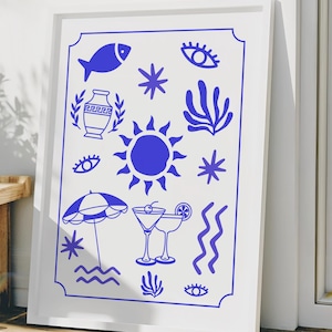 GREEK SUMMER MOTIF Print, Blue White Aesthetic, Mediterranean Decor, Abstract Greece Poster, Coastal Beach House Wall Art, Digital Download