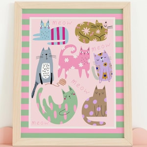 Colourful Cats Printable Wall Art, Cute Cat Nursery Digital Download, Pastel Animal Print for Kids Room, Whimsical Cat Meow Poster