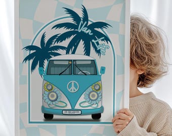 Van Life Print, VW Kombi Palm Trees, Coastal Nursery Decor, Boys Surfy Beach Poster, Blue Retro Van, Retro Checkered Kids Printable