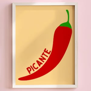 Nedladdningsbart tryck av Picante, affisch med röd chili, italiensk köksinredning, digital nedladdning, minimalistisk matkonst