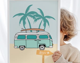 VW Kombi Kids Poster, Retro Coastal Nursery Decor, Van Life Wall Art, Children&#39;s Bedroom Printable, Meet Me At The Beach, Surfboard Decor