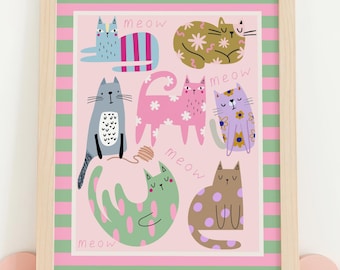 Colourful Cats Printable Wall Art, Cute Cat Nursery Digital Download, Pastel Animal Print for Kids Room, Whimsical Cat Meow Poster