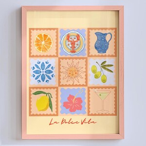 Wzór na lato „La Dolce Vita” do druku, plakat o tematyce włoskiej, estetyka patchworku, wystrój śródziemnomorskiego wybrzeża, sycylijska sztuka ścienna