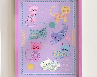 Sleepy Cats Printable Wall Art, Flower Cat Poster, Girl Nursery Decor, Whimsical Animal Print, Kids Room Wall Art, Digital Download