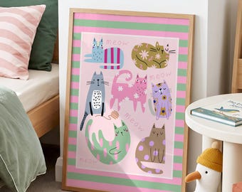 Colourful Cat Wall Art, Girl Nursery Kitten Print, Pastel Animal Poster for Kids Room, Whimsical Pink Girl Decor, Digital Download