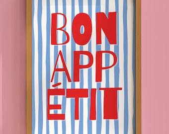 Arte mural de cocina "Bon Appétit", póster imprimible con tipografía francesa, impresión digital en rojo, blanco y azul, decoración de comedor, estilo bistró.
