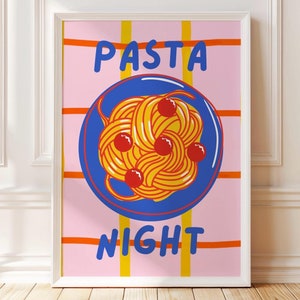 PASTA NIGHT Print, Italian Food Poster, Spaghetti Illustration, Colourful Kitchen Wall Art, Italian Dinner Printable, Trendy Fun Decor