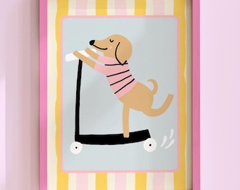 Dog on Scooter Print: Whimsical Animal Art, Girls Room Puppy Decor, Nursery & Kids Room Downloadable Wall Art