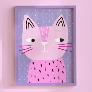 Pink Cat Printable Wall Art | Cute Cat Kids Room Decor | Whimsical Nursery Poster | Colourful Animal Print | Digital Download
