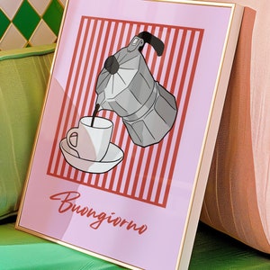 Buongiorno Coffee Print, Espresso Italian Poster, Illustrazione di una caffettiera, Arte murale da cucina di tendenza, Poster per la colazione, Regalo per gli amanti del caffè