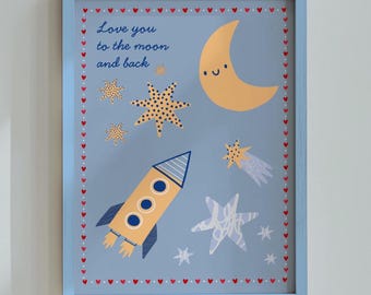 Love You to the Moon and Back Printable Art, Nursery Space Print, Kids Room Decor, Rocket and Moon Illustration, Digital Download