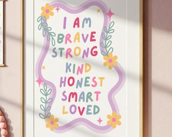 DAILY AFFIRMATIONS Print, Childrens Positive Thinking Printable, Girls Bedroom Wall Art, Classroom Poster, Kids Self Love Digital Download