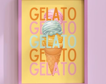 Gelato Wall Art, Italian Food Poster, Kids Retro Ice Cream Print, Playroom Kitchen Decor, Digital Download