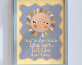 Here Comes the Sun Little Darlin' Printable Wall Art, Nursery Sunshine Art, Retro Kids Room Decor, Positive Quote Print, Digital Download
