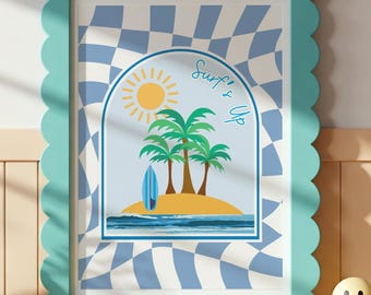 SURFS UP Print, Coastal Nursery Decor, Surfy Kids Bedroom Wall Art, Retro Beach Aesthetic, Surfboard Palm Tree Poster, Digital Download