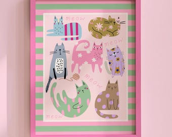Bunte Katzen Wandkunst, süße Katze Kinderzimmer digitaler Download, Pastell Tierdruck für Kinderzimmer, wunderliche Mädchen-Dekor
