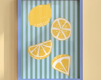 Lemons and Stripes Wall Art, Modern Citrus Decor, Aesthetic Kitchen Wall Art, Abstract Fruit Poster, Digital Download