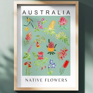 AUSTRALIA NATIVE FLOWERS Print, Australian Wildflower Illustration, Botanical Poster Green, Australian Flora Printable, Home Office Wall Art
