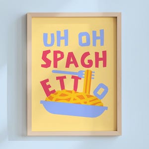 Arte mural "Uh Oh Spaghettio", impresión divertida para sala de juegos, ilustración de pasta, decoración colorida para habitación infantil, descarga digital