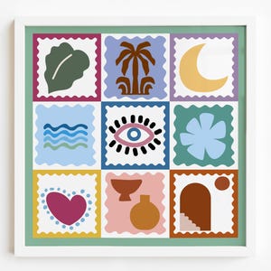 May include: A framed art print featuring nine colorful postage stamp-style designs. Each stamp showcases a unique illustration, including a leaf, palm tree, crescent moon, waves, an eye, a flower, a heart, a bowl and vase, and an archway.