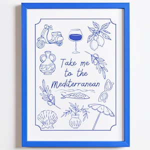 Mediterranean Summer Wall Art, Coastal Printable Decor, Greek Island Poster, Blue Line Art Illustration, Digital Wanderlust Travel Print