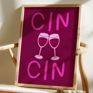 CIN CIN WINE プリント、キッチン＆バーカート装飾、イタリアをテーマにしたギャラリーウォールアート、トレンドの印刷可能なポスター、モダンなピンクのワインデザイン