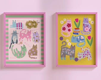 Conjunto de 2 pôsteres coloridos com gatos: Decoração divertida para quarto de bebê e infantil (Download Digital), Pacote de Arte de Parede para Quarto de Meninas com Toque de Fantasia