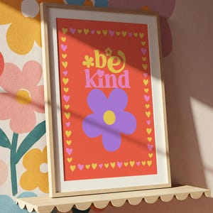Be Kind Retro Print, Colorful Positive Thinking Printable, Girls Bedroom Wall Art, Kindness Classroom Poster, Positive Reminders