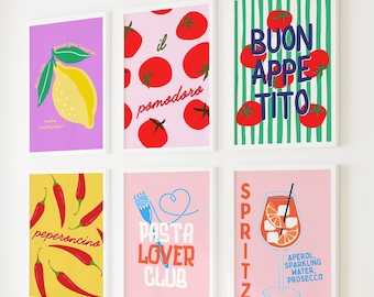 ITALIAN THEME BUNDLE of 6, Spritz Print, Pasta Lover Club Poster, Limoncello Printable, Peperoncino Design, Buon Appetito Gallery Wall Art