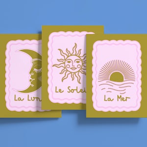 LE SOLEIL La Mer La Lune - Juego de 3 láminas, galería de pared bohemia, pósteres de sol, mar y luna, estética oro rosa, paquete imprimible francés