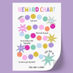Puede incluir: Un colorido cuadro de recompensas con el texto "REWARD CHART" en la parte superior. El cuadro presenta círculos de varios colores, gráficos en forma de estrella y frases alentadoras como "Great start!" y "You did it!"