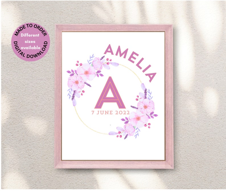 Custom Girls Name Wall Art Flower Wreath Initial Name Print Baby Girl