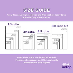 May include: A size guide chart with dimensions in inches and centimeters for various print ratios, including 2:3, 3:4, 4:5, and ISO 5:7. The chart includes sizes like 24x36 inches (61x91 cm) and 8x10 inches (20x25 cm).