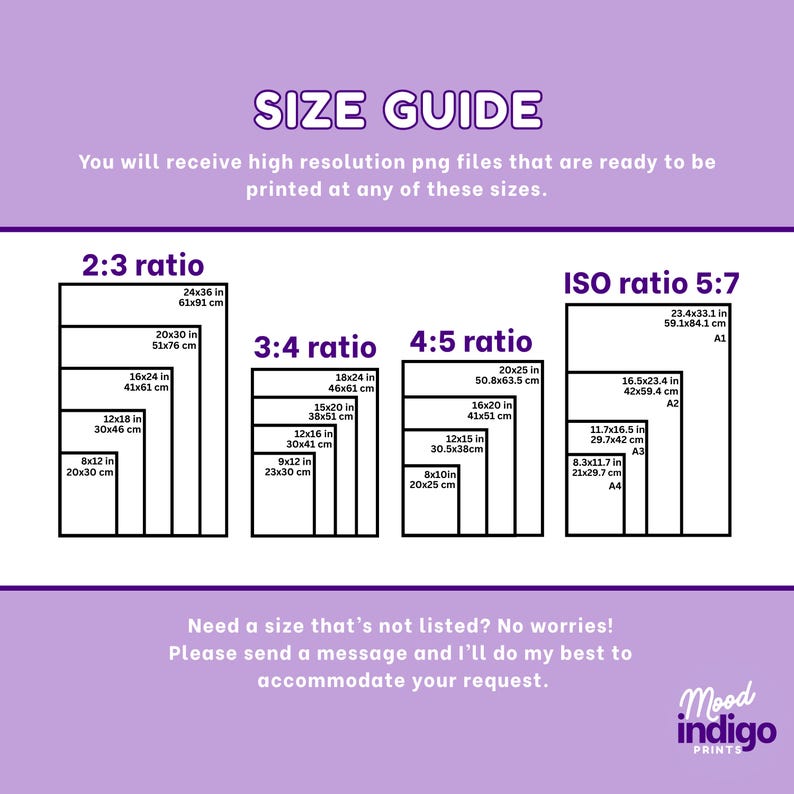 May include: A size guide chart with dimensions in inches and centimeters for various print ratios, including 2:3, 3:4, 4:5, and ISO 5:7. The chart includes sizes like 24x36 inches (61x91 cm) and 8x10 inches (20x25 cm).