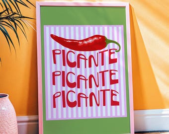 RED CHILI PICANTE Print, Italian Hot Pepper Poster, Spicy Food Art, Colourful Kitchen Wall Decor, Retro Food Printable, Foodie Home Decor