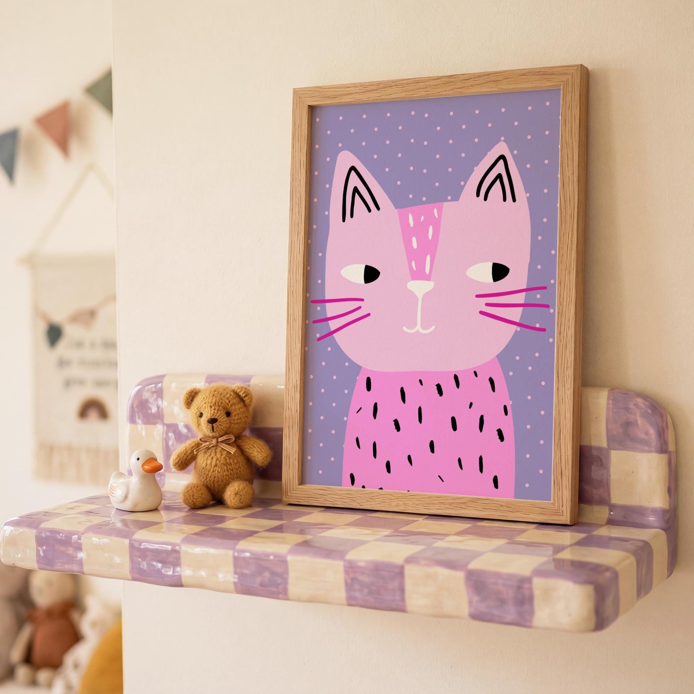Pink Cat Printable Wall Art | Cute Cat Kids Room Decor | Whimsical ...